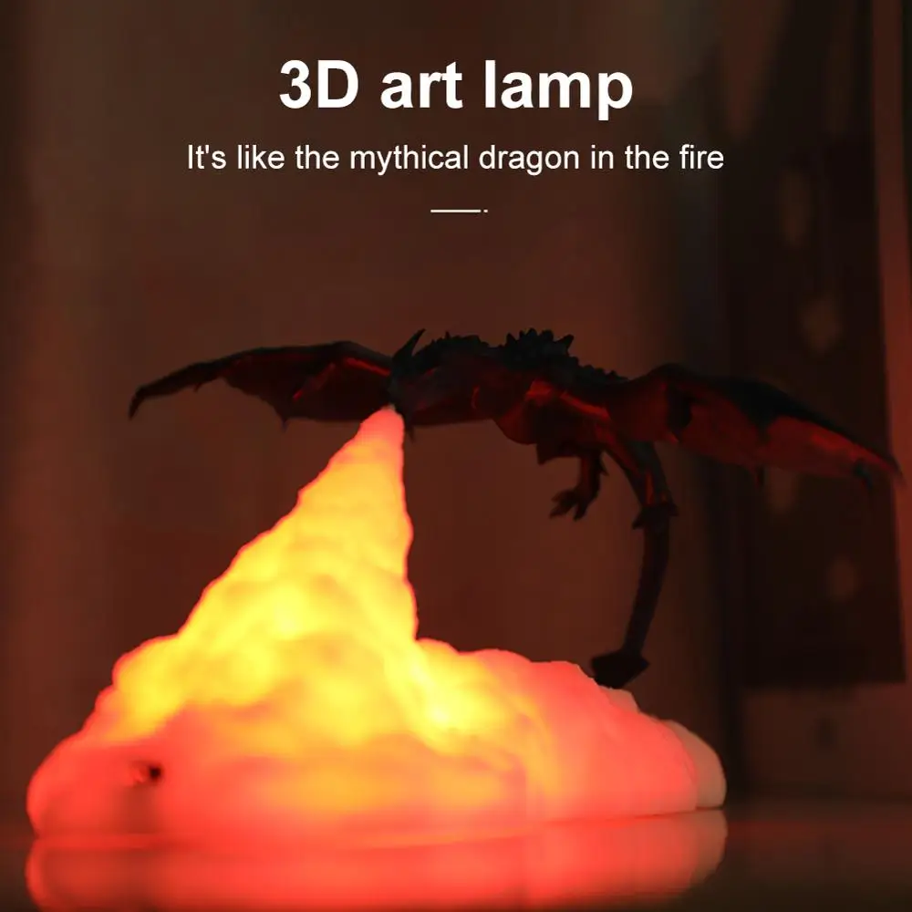 Светодиодный светильник с 3D принтом огнедышащие лампы дракона USB Перезаряжаемый