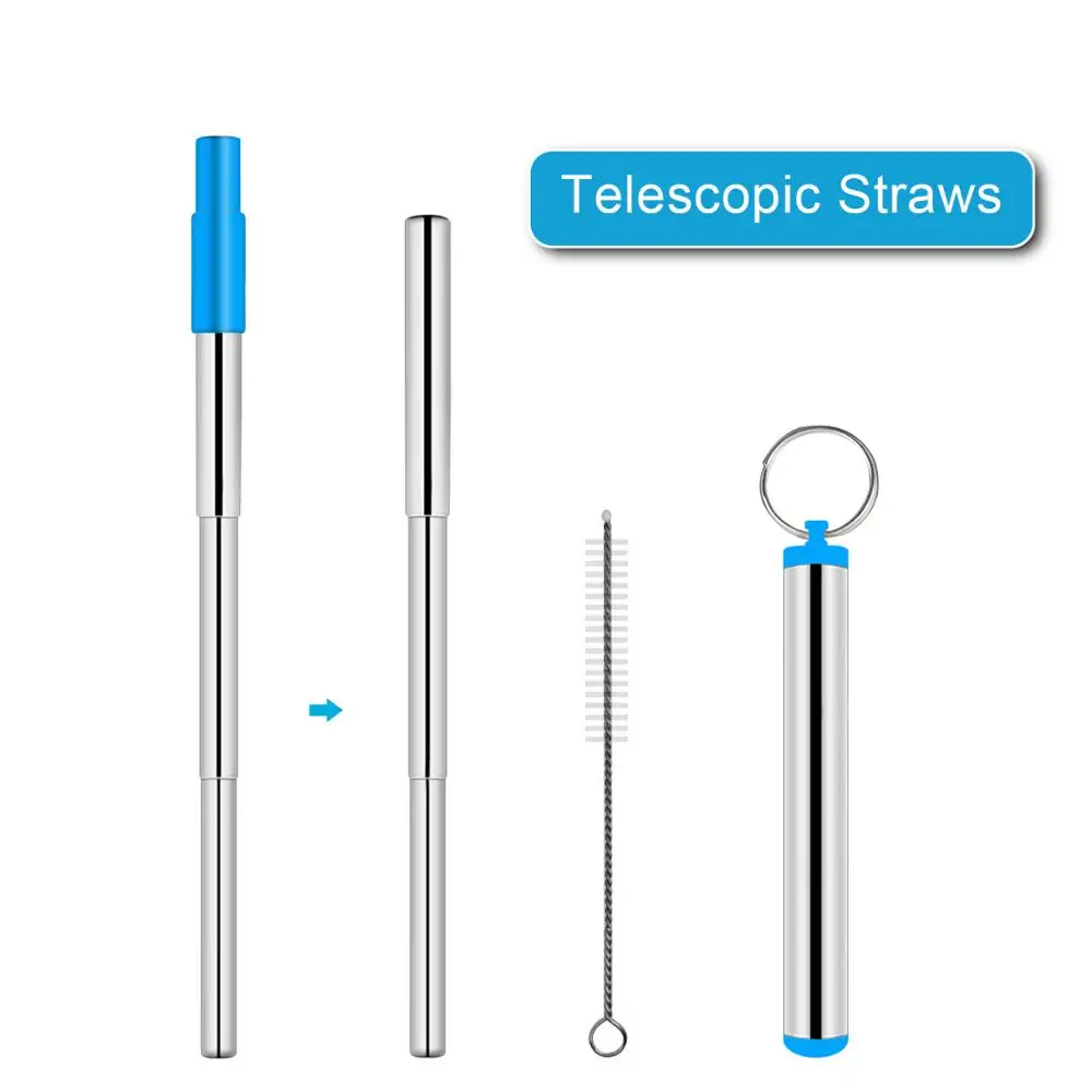 FUHAIHE Портативный Нержавеющая сталь телескопическая питьевой соломы для путешествий многоразовые соломенная шляпа с 1 кистью и металлическим носить чехол - Цвет: Blue With Tips