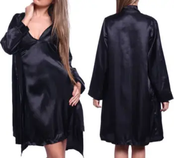 

G-string Ladies Long Black Gowns 3pcs Sexy Lingerie Robe Women Silk Satin Sleepwear Bathrobe Nightwear Nightdress