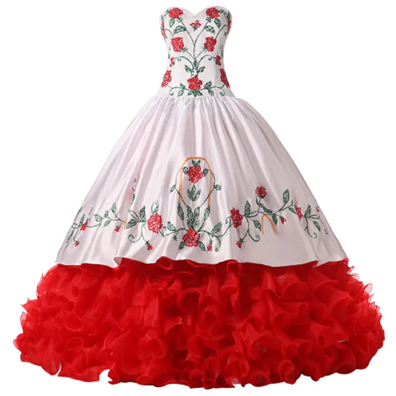 

Elegant Luxury Embroidered Sweetheart Backless Sleeveless Prom Ball Gown Satin Oragaza Fluffy Evening Formal Dress