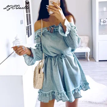 

LZEQuella Women Sexy Slash neck Solid Mini Dress Tassels Ruffled Flare Sleeve Sashes Dresses Beach Sundress Vestidos NZ1503