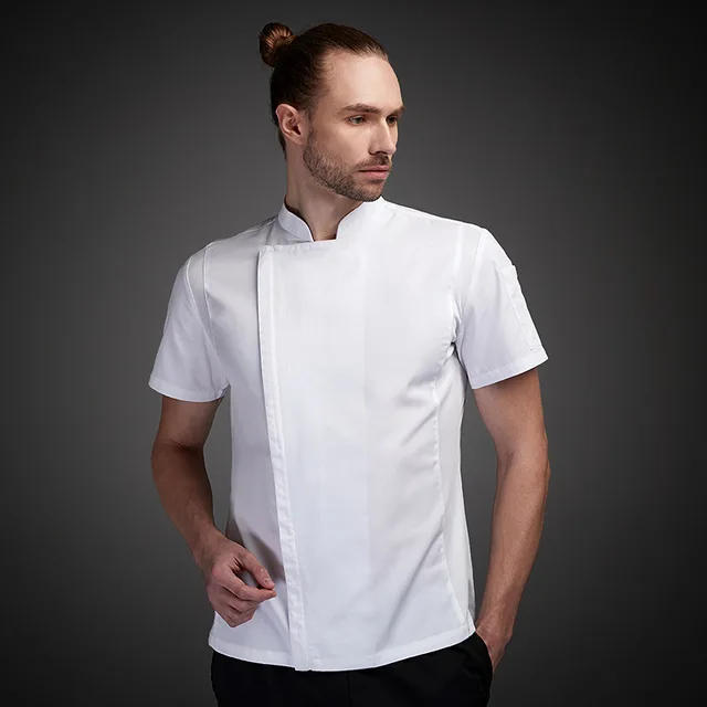 White Форма шеф-повара с короткими рукавами, дышащая летняя кухонная поварской китель, ресторан, кафе, парикмахер, официант в кафе, Рабочая Рубашка унисекс - Цвет: White