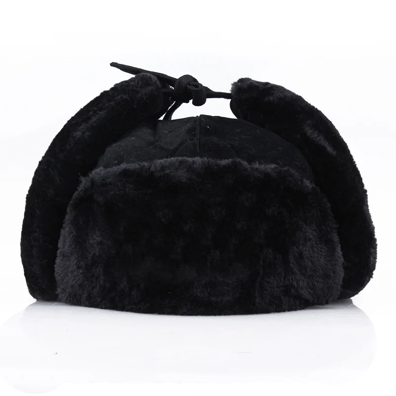 Black Mens Soviet Badge Russia Pilot Trapper Aviator Caps Fur Winter Thicken Hats Men Ear Flaps Soft Warm Windproof Waterproof Hats - Цвет: Black