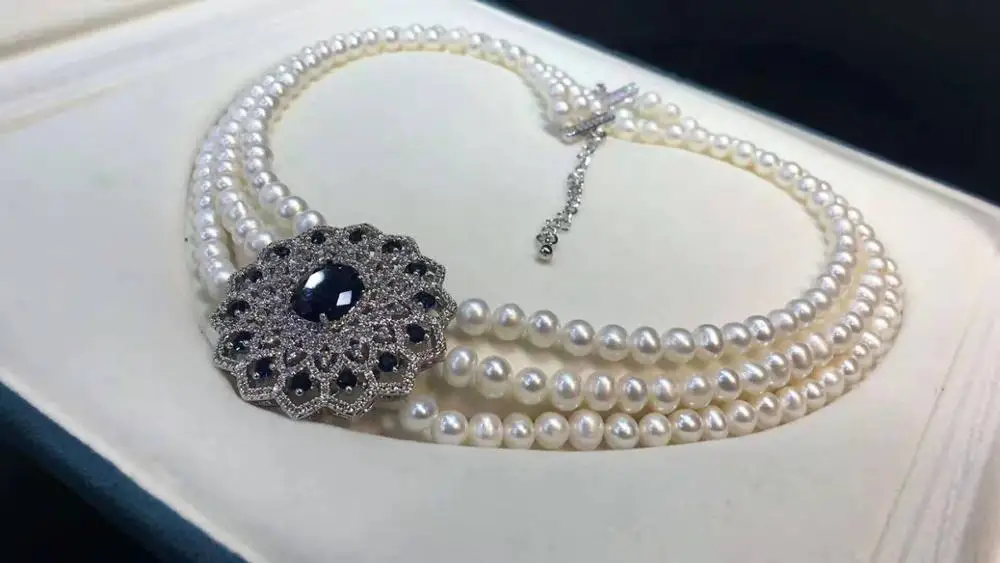 

Women's jewelry 7-8mm 3rows 45-48cm micro inlaid zircon Sunflower accessories white freshwater pearl necklace