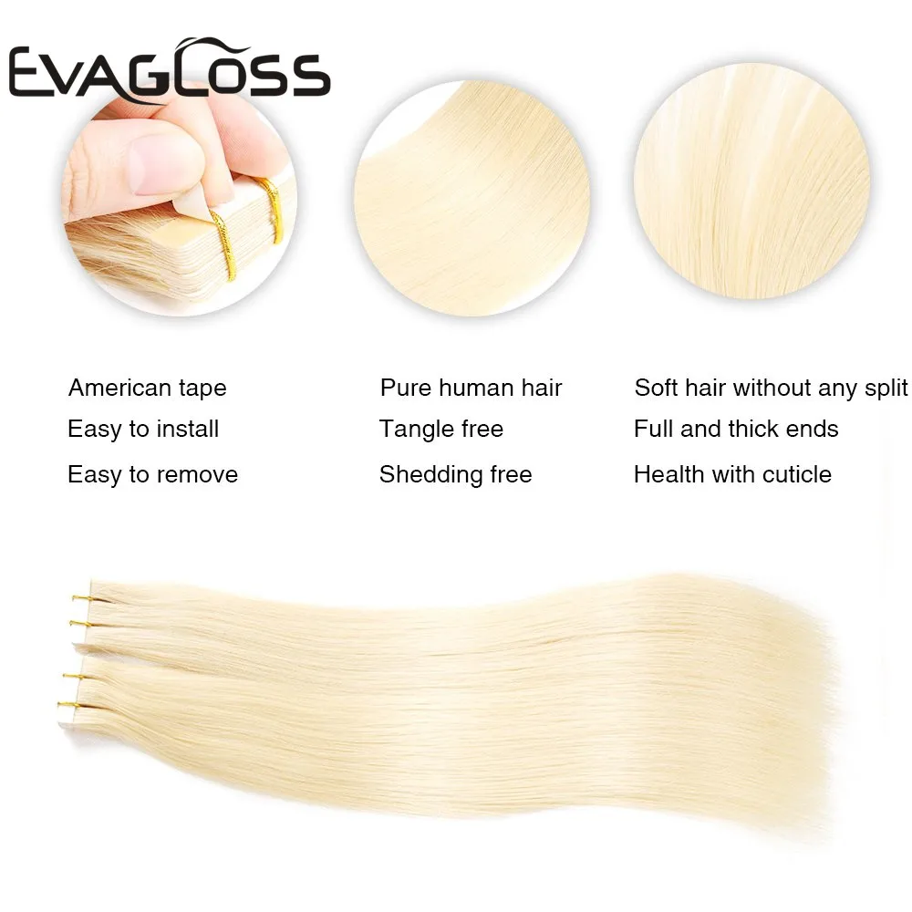 EVAGLOSS Skin Weft Machine Remy Tape in Human Hair Extension 20pcs 40pcs 80pcs Adhesive Tape in Hair Extensions 12"/16"/20"