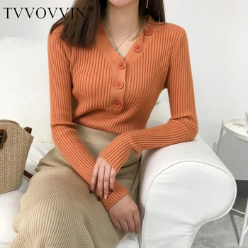 

Women Sweaters Long Sleeve New Tops Casual Jumper Sexy Slim V Neck Buttons Fashion Female Knitting Pullovers TOPS Clothes F934