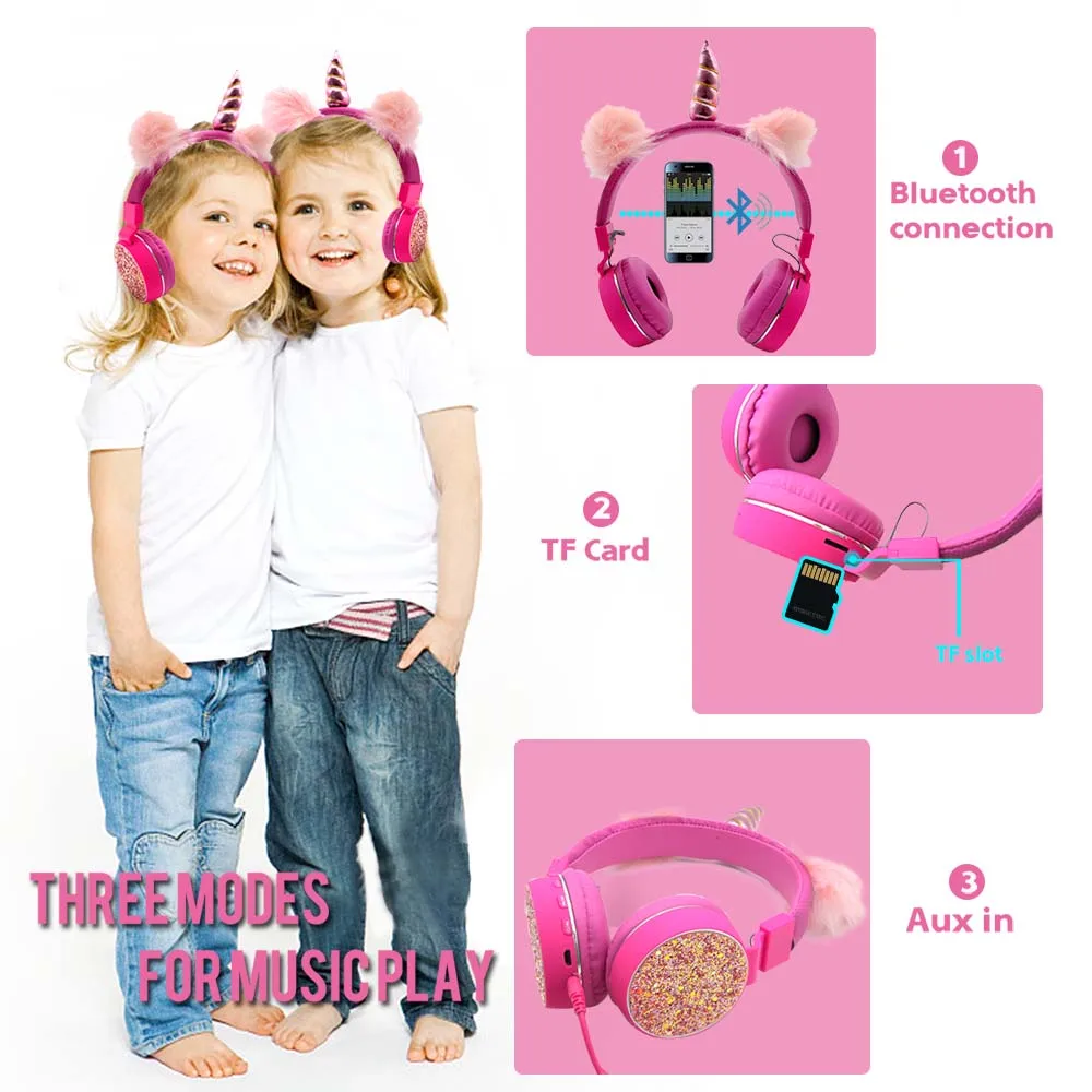 JINSERTA Unicorns Earphone Stereo Bluetooth Kids Headphones FM Radio With Mic Support Handsfree TF Card AUX