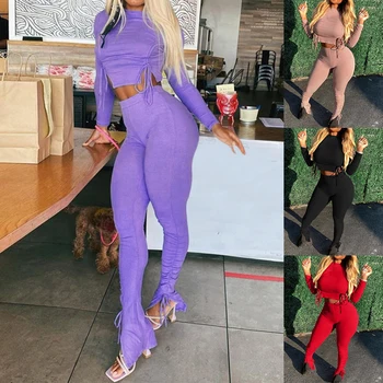 

Sexy Long Sleeve Crop Top set Autumn Casual Drawstring Ruched T-shirt Female Bandage Cropped Tshirt Top For Women Clothing