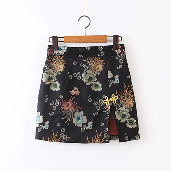 

Mini Skirts Womens 2020 Black Floral Pencil Skirt Streetwear Ladies High Waist Slit Skirts Vintage Bodycon Embroidered Skirt