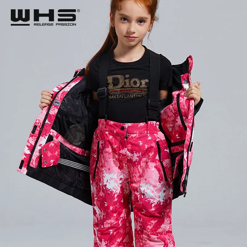 WHS горячая Распродажа, новые зимние костюмы для девочек детская Лыжная спортивная куртка ветронепроницаемое водонепроницаемое теплое пальто для подростков лыжная куртка на зиму, 4