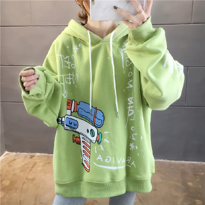 Зеленый Брендовые женские толстовки осень зима размера плюс 2XL Kawaii топ с принтом Свободный корейский стиль длинный рукав повседневная черная плотная одежда - Цвет: Зеленый