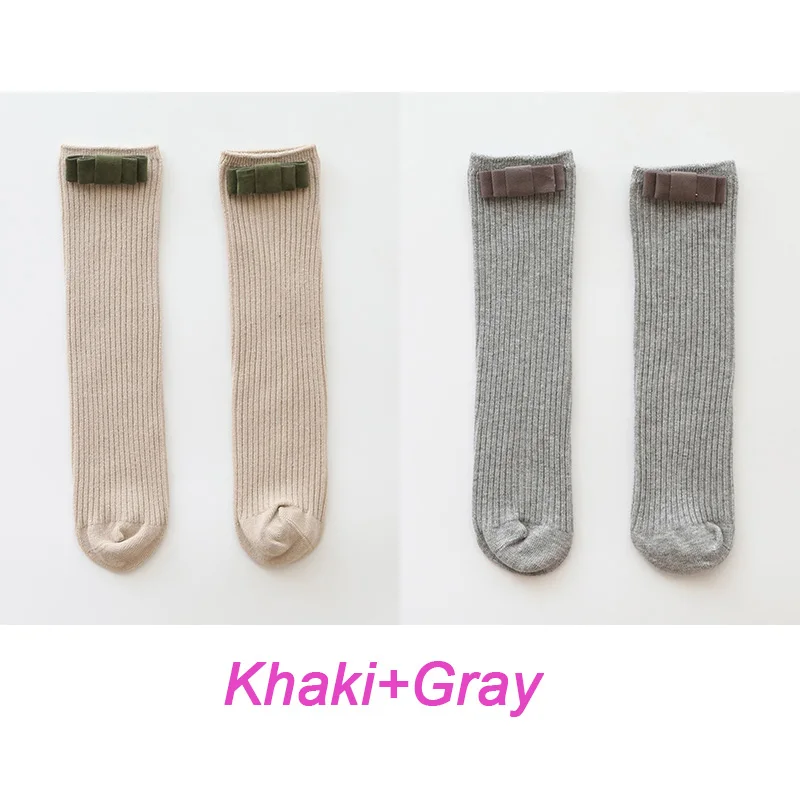 Khaki Gray Детские носки с платьем зимние носки для малышей длинные гольфы Осенние теплые гетры для маленьких девочек, детские носки без пяток, белые хлопковые 2 пары - Цвет: Khaki Gray