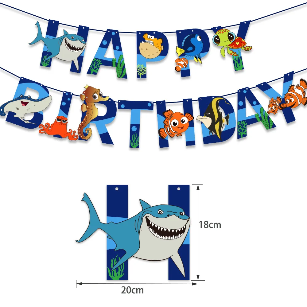 

SLMengGuo Ocean Theme Paper Flag Banner Shark Cartoon Animal Comic Happy Birthday Letter Pull Flag Party Decoration 1pcs