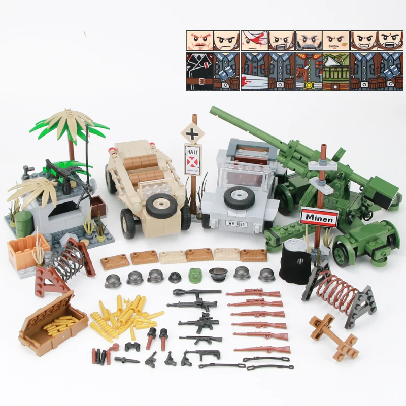 

WW2 Military Armored car Accessories Building Blocks WW2 Type 82 bucket car Helmet Weapon gun Parts Bricks Toy For Children Gift