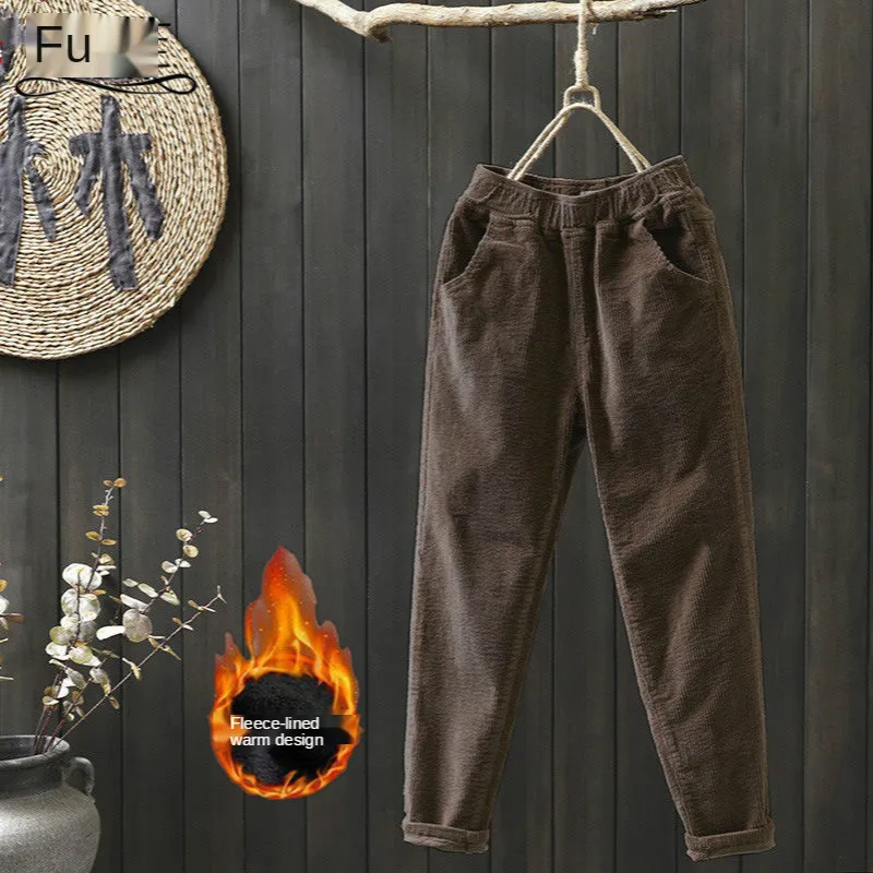 2020 Fall Fashion Fleece Corduroy Trousers for Women Harem Pants Winter Thick Loose Leisure Pants Woman Corduroy Pants Brown замок велосипедный kryptonite kryptoflex 1265 combo cable brown 2020 002703