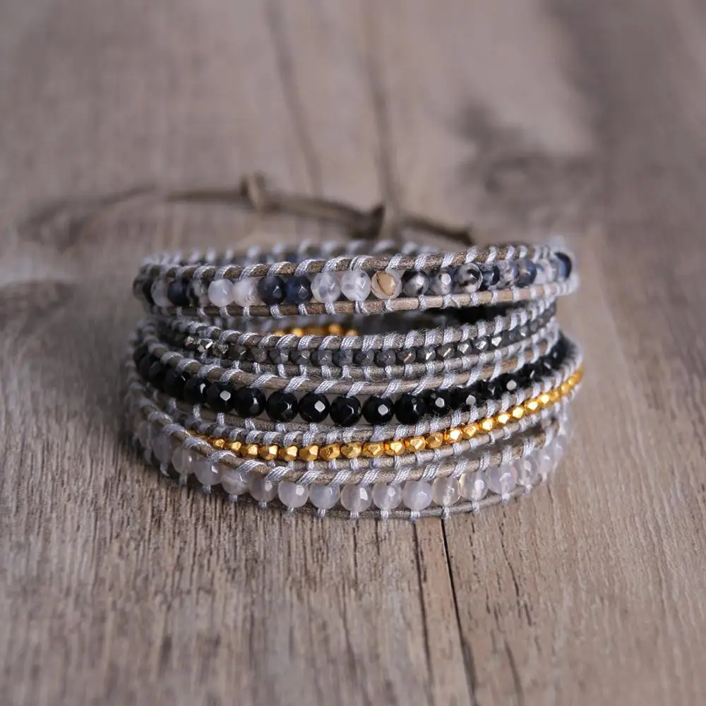 

KELITCH Mixed Natural Stones Crystal Leather Wrap Bracelets Unique 5 Strands Beaded Woven Native Spacing Bangles Wristband