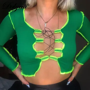 

Dulzura patchwork lace up hollow out women crop top t shirt long sleeve bodycon sexy streetwear 2020 autumn winter clothes club