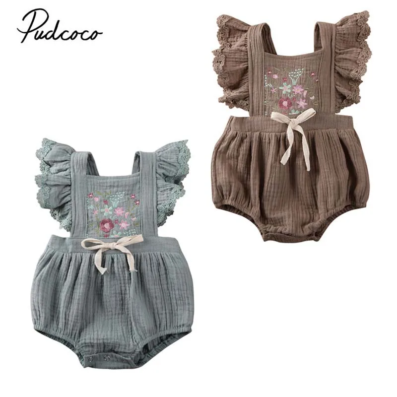 

2020 Baby Summer Clothing Newborn Infant Baby Girl Clothes Ruffle Sleeveless Romper Jumpsuit Embroidery Floral Outfit