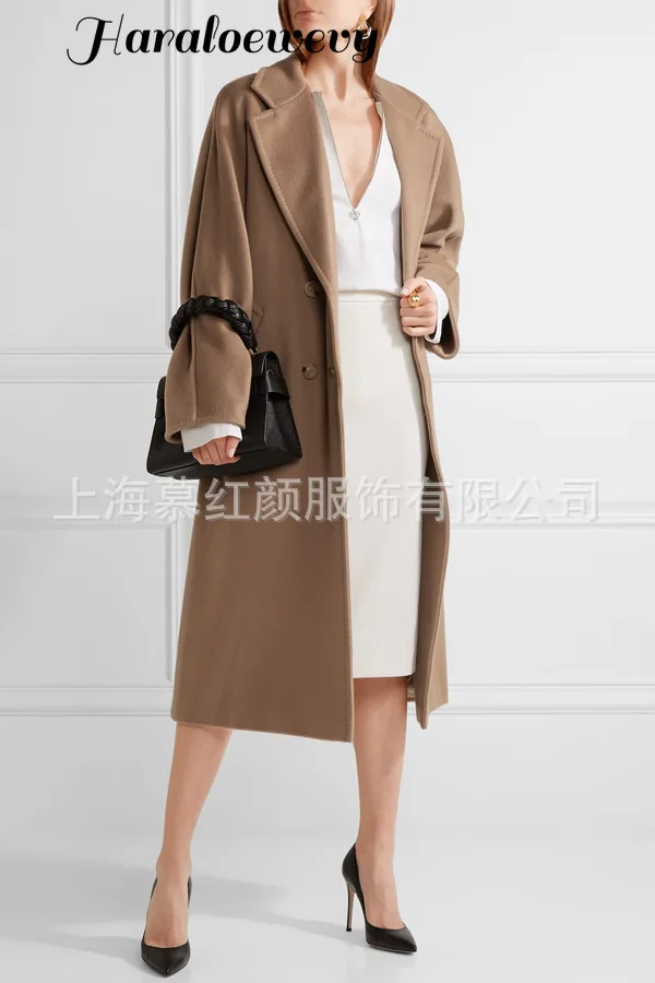 Double Breasted Elegant Long Wool Coat Solid Slim Wool Blend Coat and Jacket Vintage Long Women Coats Autumn Winter