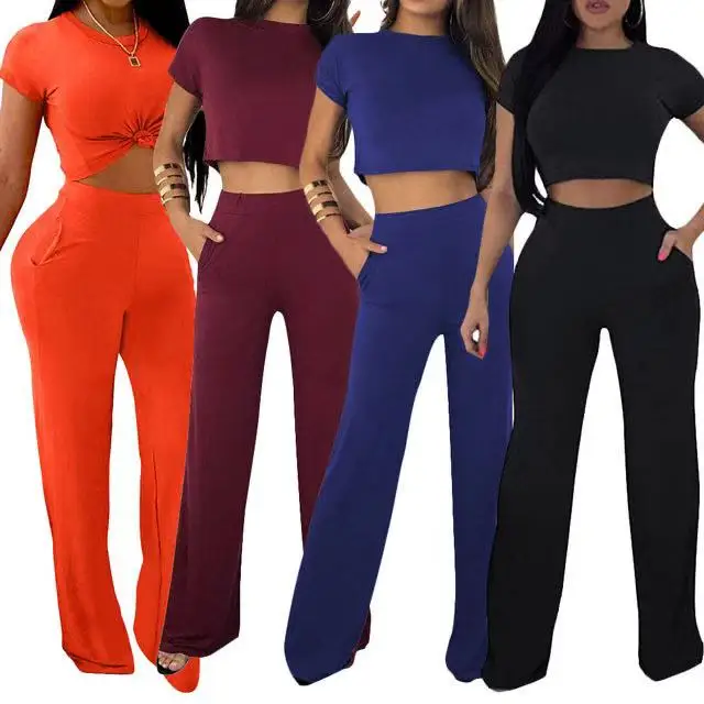 

Женский летний модный однотонный пикантный костюм из двух предметов с широкими штанинами для спорта и отдыха