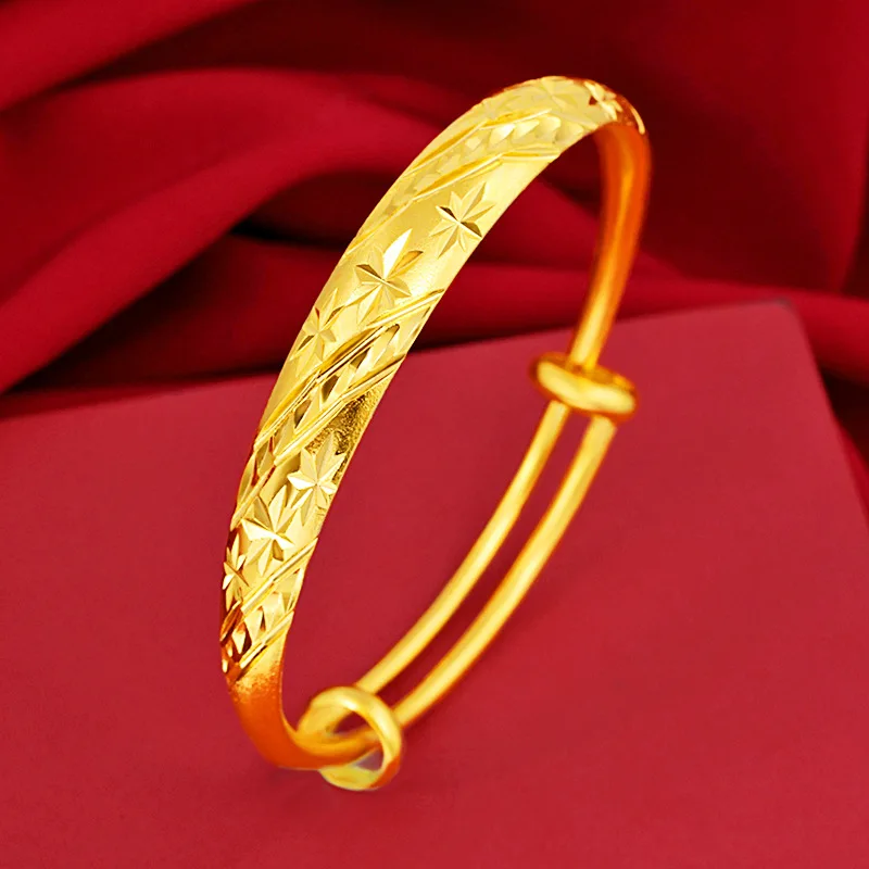 

Classical 24k Yellow Gold Bracelet Bangles For Women Wide Face Push-Pull Sandblasted Bracelet Bridal Wedding Fine Jewelry Gifts