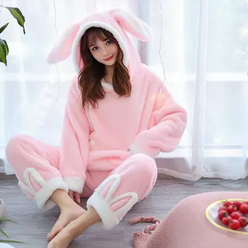

2020 autumn and winter new women's Korean version of the wild loose plush rabbit ears home set pajamas set