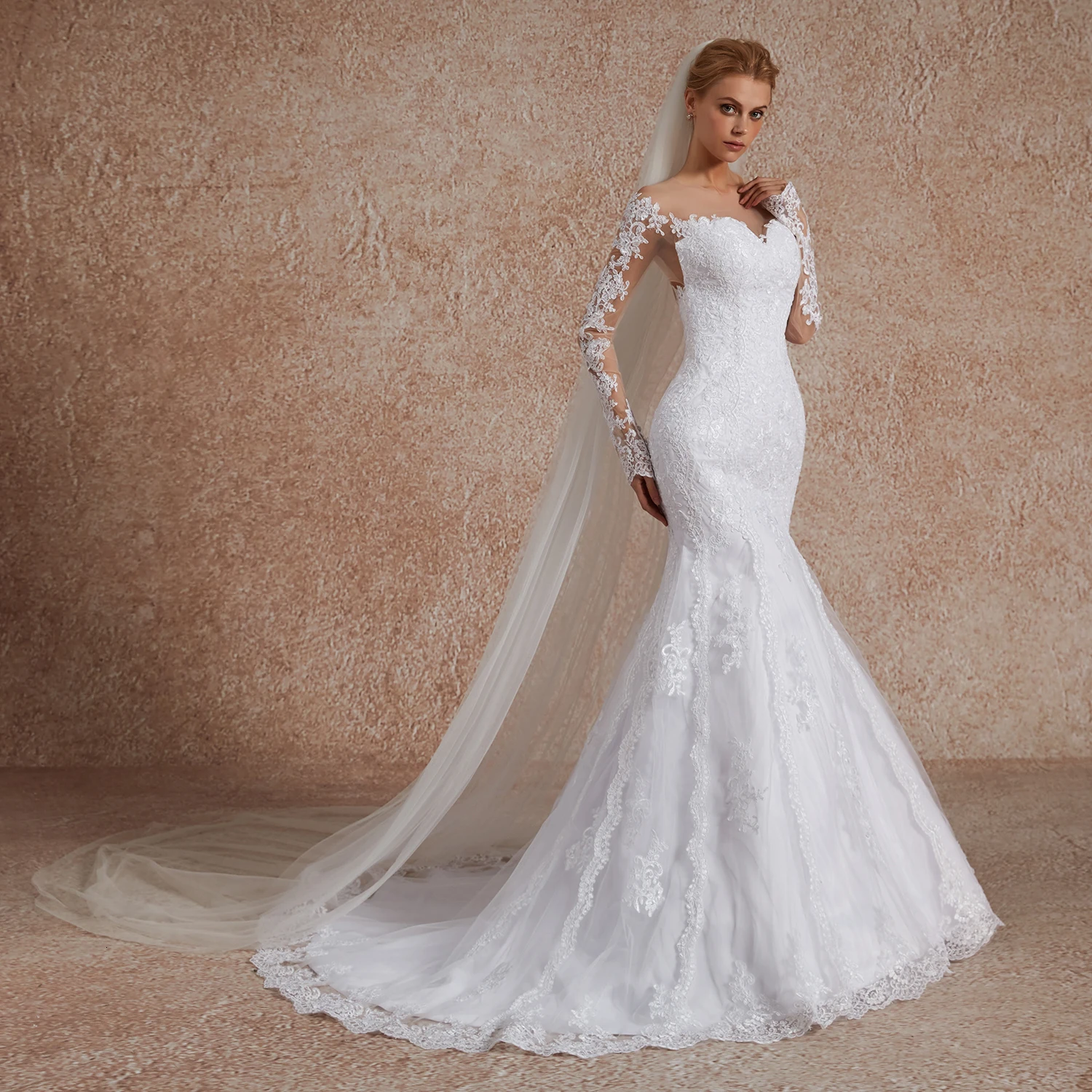 Vivian's Bridal модное свадебное платье из сетчатой ткани с длинными рукавами и кружевной аппликацией, свадебное платье со шлейфом