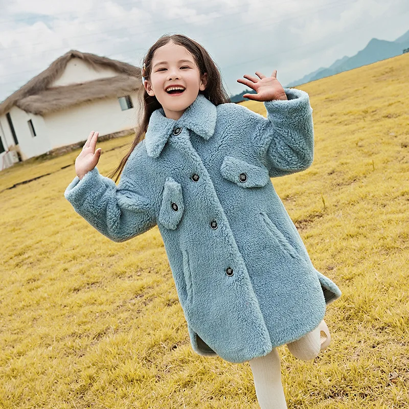

Fur-in-One Granular Girls Wool Coat Thicken Warm Winter Children Outerwear