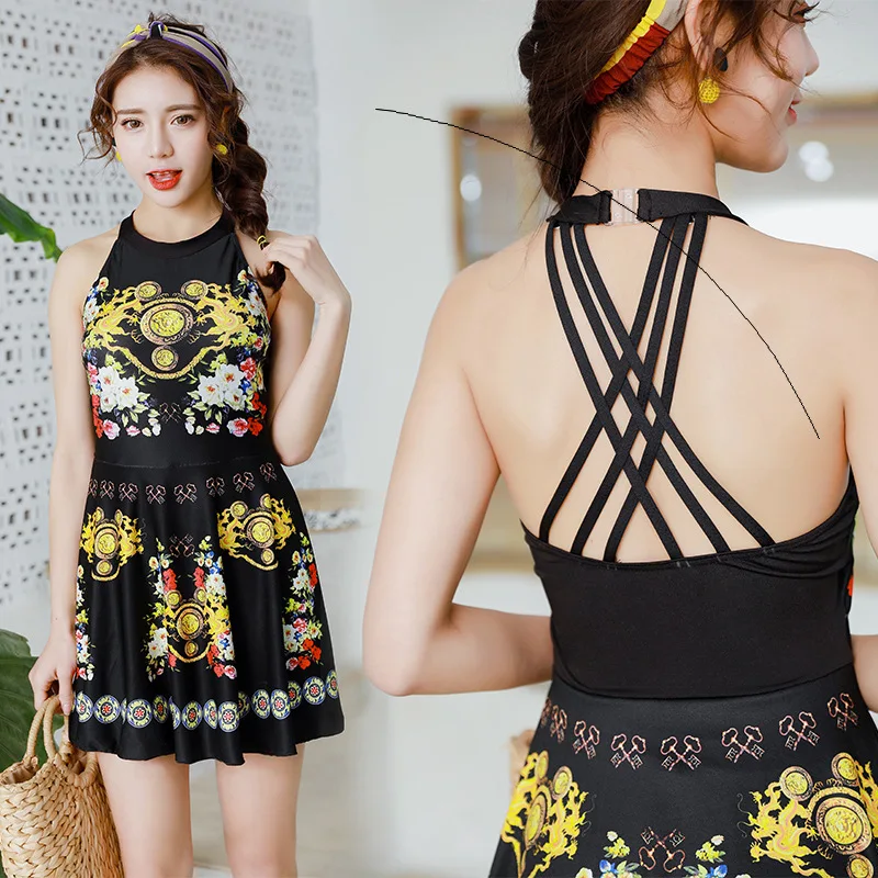 

One Piece Swimsuit Women Print Hanging Neck Hollow Bandege Siamese Swimsuit Swimwear Beachwear Maillot De Bain Fille