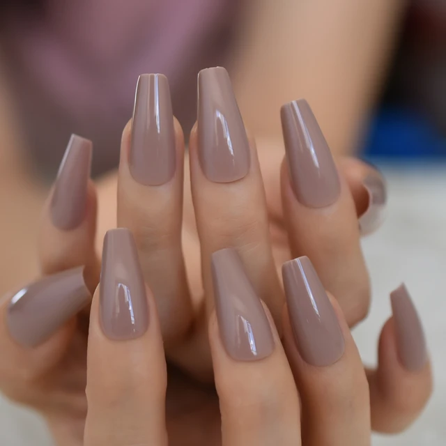 KISS NAILS GLUE ON Satin Brown LONG LENGTH, COFFIN BALLERINA SHAPE | eBay