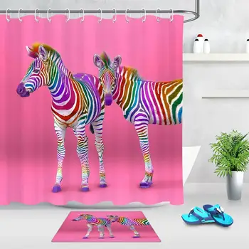 

Colorful Stripes Zebra Print Shower Curtain Art Bathroom Decor Animals Pink Polyester Waterproof Fabric Bath Curtain with Hooks
