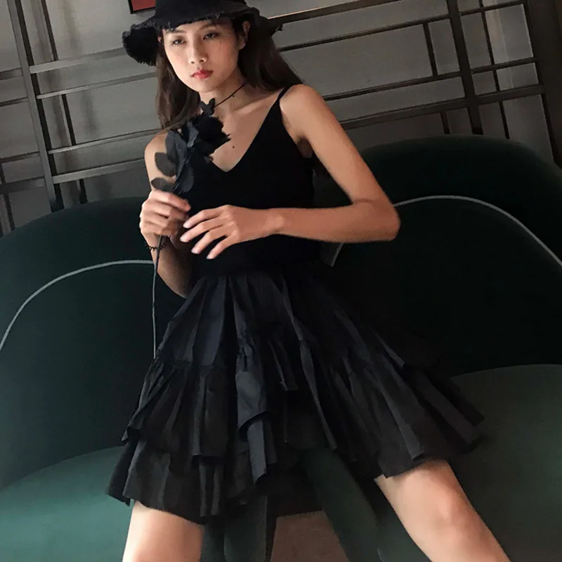 Fashion Black Small Ring Belt High Waist Stitching Ruffle Irregular Woman Skirt Casual Wild Simple Fashion Tide Autumn New TV931