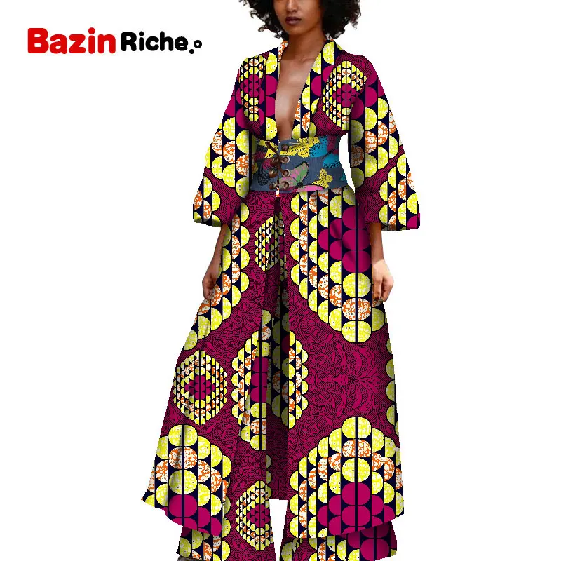 

African Clothes Plus Size Ankle Length Long Trench Coat and Wide Leg Pant 2 Pieces Casual Windbreaker Traditional Clothes WY5405