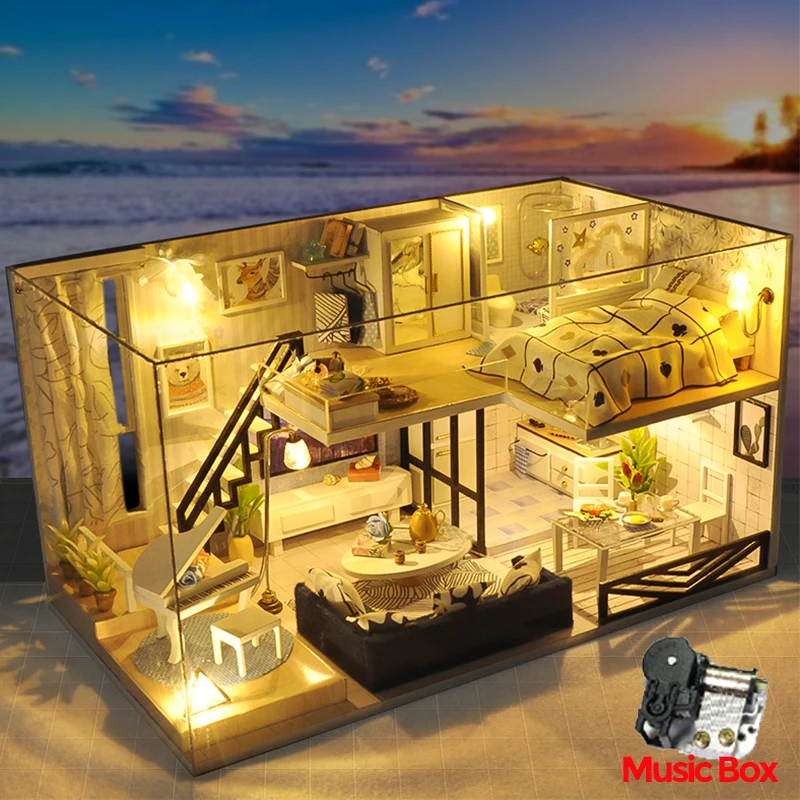 Günstige DIY Puppe Haus Möbel Miniatur Puppe haus Staub Abdeckung Holz Puppenhaus Licht Haus Für Puppen Handgemachte Spielzeug Für Kinder # E