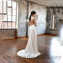 

Simple Sling White Prom Dress for Women Sleeveless V-neck Sexy Open Back Satin Bridal Gown robe de soirée femme выпускной платье
