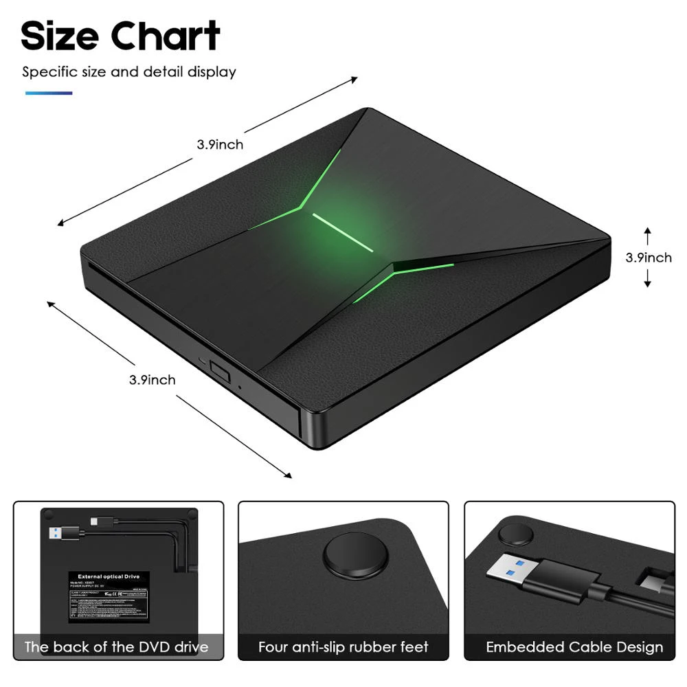 Quemador KuWfi USB 30 tipo C portátil de alta velocidad de DVD +/RW con luz colorida reproductor de