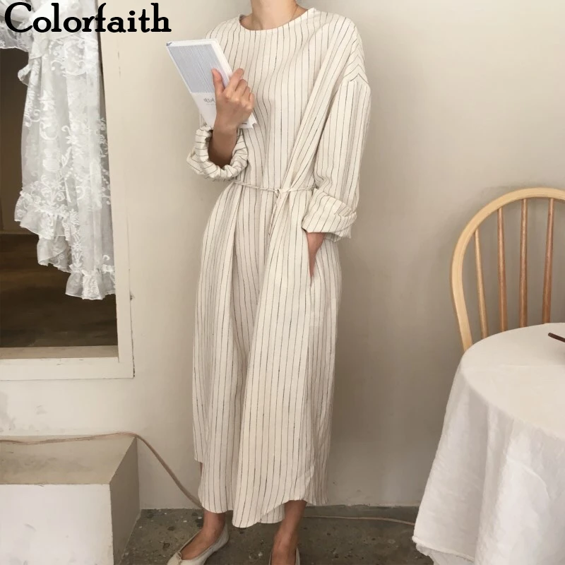Colorfaith New 2019 Autumn Winter Women Dresses Sashes Straight Prairie Chic Elegant Striped Midi Ankle-Length Female DR1695 Colorfaith New 2019 Autumn Winter Women Dresses Sashes Straight Prairie Chic Elegant Striped Midi Ankle-Length Female DR1695