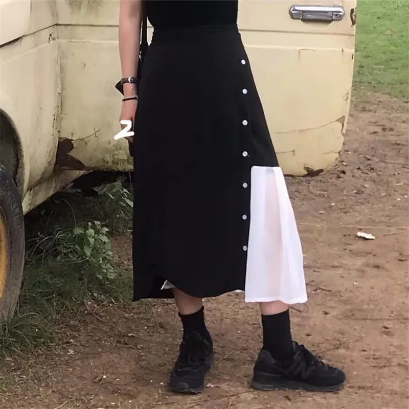 

Hzirip Korea 2019 Pleated Patchwork Buttons Color-Hit Casual New High Street Office Ladies Loose Straight Brief Fresh Skirts