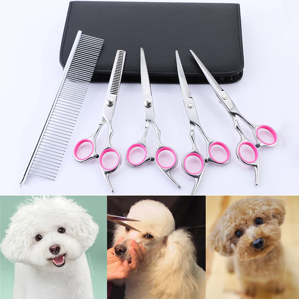 Manooby Pet Scissor Set With Grooming Comb Stainless Steel 6'' Curved Scissors Kit Professional 5 PCS Tools | Красота и