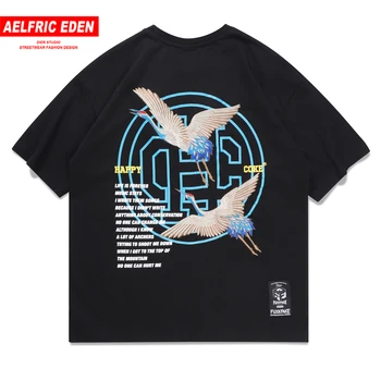 

Aelfirc Eden Crane Embroidery Harajuku Tshirt 2020 Summer Short Sleeve Hip-hop Tees Streetwear Japanese Style Male Tops Oversize