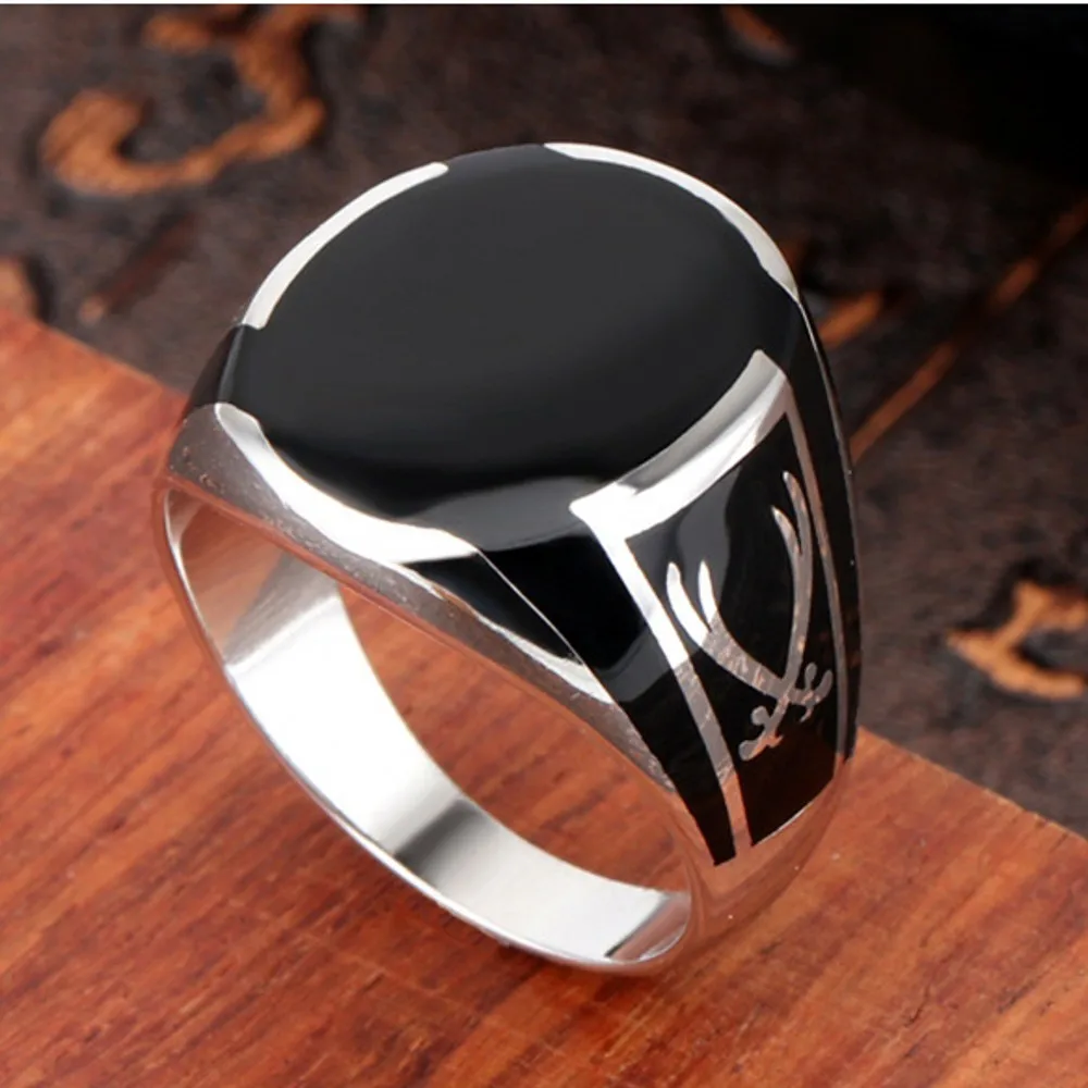 Solid Real S925 Pure Silver Men Ring Black Crystal Glue Fashion Couple Gift silver ring silver rings