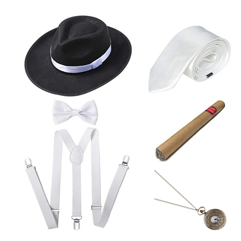 1920S Mens Great Gatsby Accessories Set Roaring 20s 30s Retro Gangster Costume tie hat greek goddess costume Cosplay Costumes