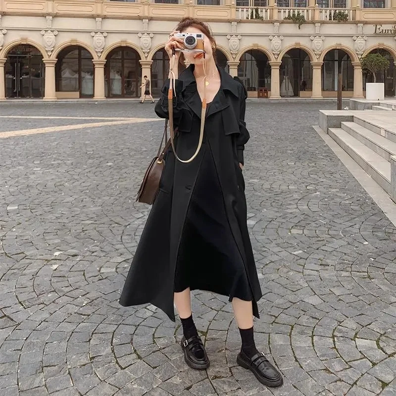 Ladies Fashion Women Trench Coat Beige Long Double-Breasted With Belt Spring Autumn Lady Outerwear British Style Casual Loose | Женская