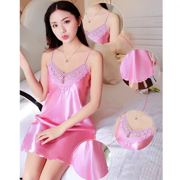 

Women Nightdress Sexy Strappy Lace Satin Hollow Out Lingerie Deep V-Neck Sleepdress FEA889