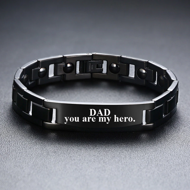 Модный мужской браслет из нержавеющей стали с выгравированным логотипом, браслет для здоровья для парней, подарок для отца