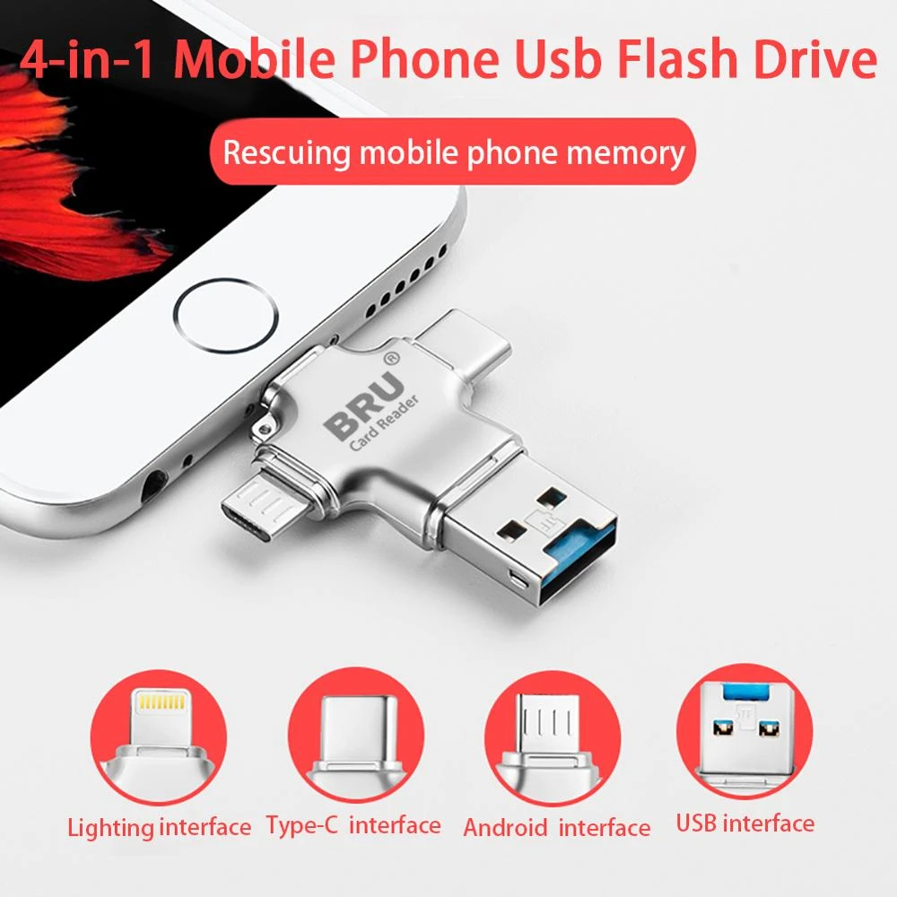 Bru 4In1 Usb Otg Pen Drive Usb Flash Drive 3.0 For Iphone Ipad Android Type-c Smart Phone Tablet PC 16gb 32gb 64gb 128gb 256gb usb c thumb drive