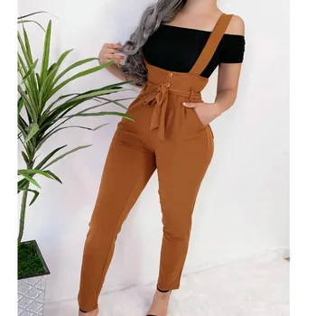 

Women Autumn Polyester High Waist Overalls Strap Casual Trousers Pants Fashion Rompers 2019 New