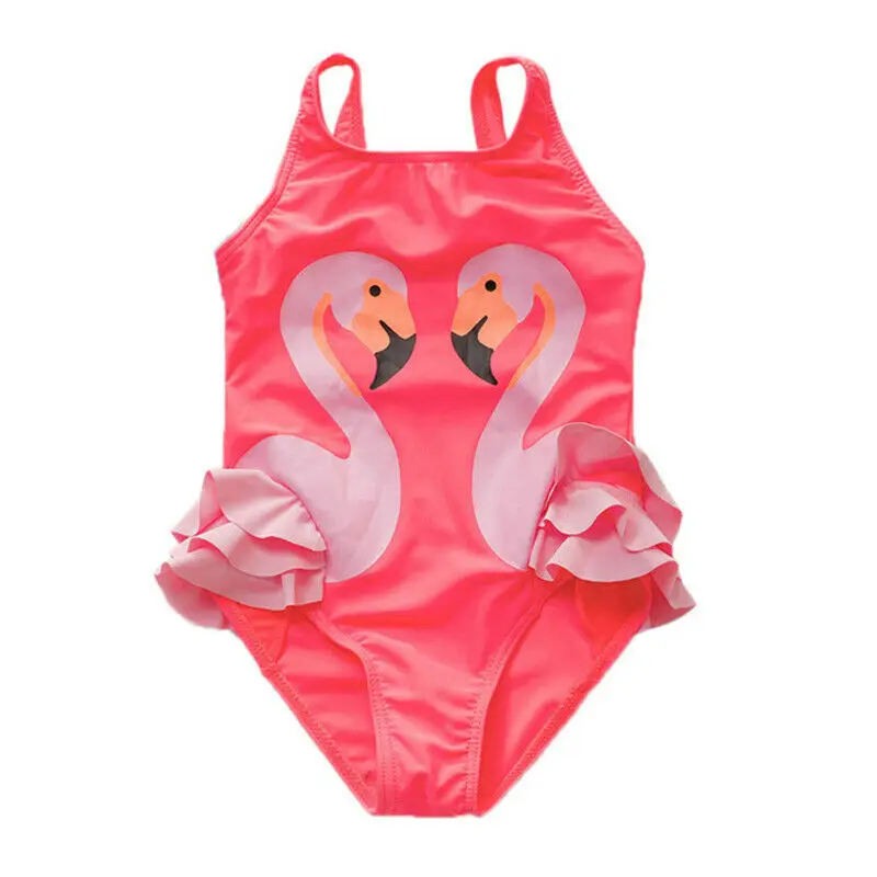 

2-8 Years Girl Swimsuit Pink Flamingo Animal Print Children Swimwear Ruffle Sleeveless Swimsuits For Girl One Piece Bathing Suit