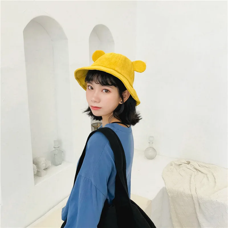 Harajuku Kwaii, милые уши, однотонный вельвет, женская панама мультяшная шапка, маленькая Желтая Студенческая шляпа, осенне-зимняя солнцезащитная Кепка