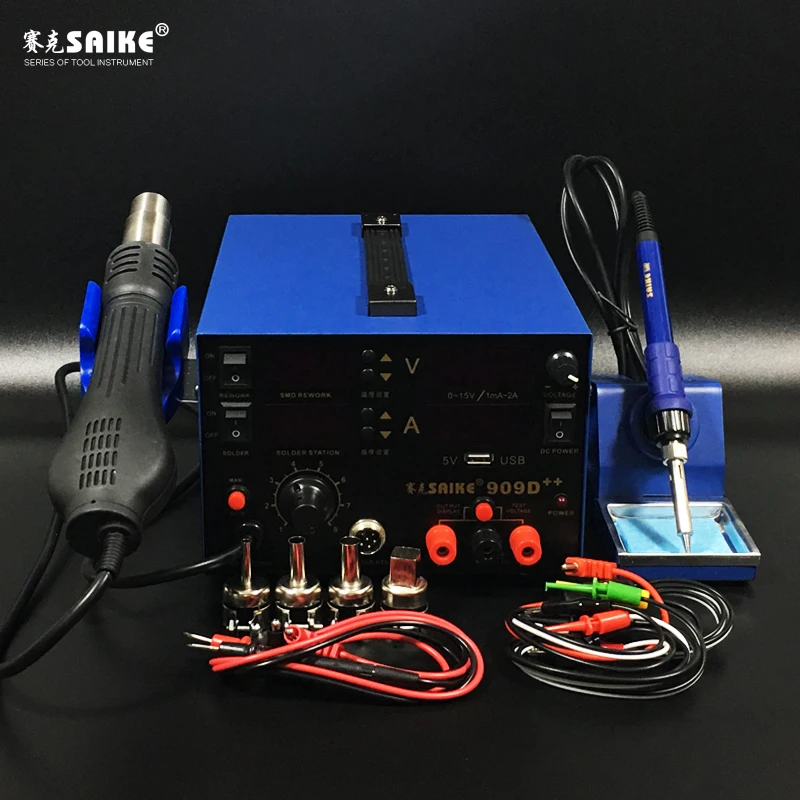 SAIKE 909D++ Горячий Воздушный пистолет паяльная станция De паяльная станция DC Регулируемый источник питания 15 в 2A 3 в 1